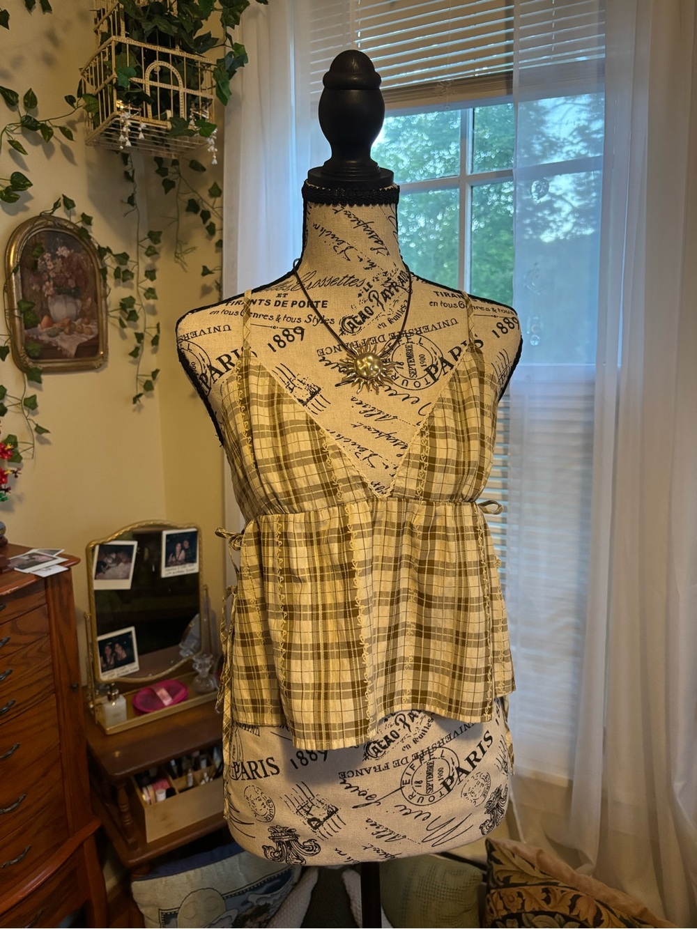 Plaid Peplum Cami Top in Yellow-Green Plaid